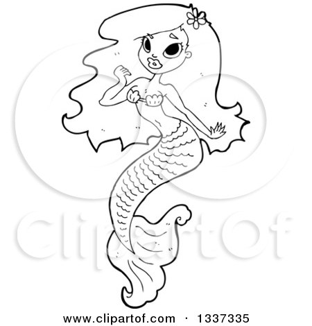 Lineart Clipart of a Cartoon Black and White Mermaid - Royalty Free Outline Vector Illustration by lineartestpilot