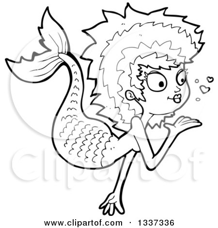 Lineart Clipart of a Cartoon Black and White Mermaid Blowing a Kiss 2 - Royalty Free Outline Vector Illustration by lineartestpilot