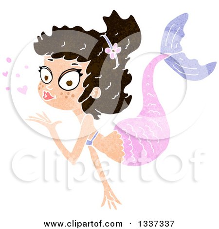 Clipart of a Textured Brunette White Mermaid Blowing a Kiss - Royalty Free Vector Illustration by lineartestpilot
