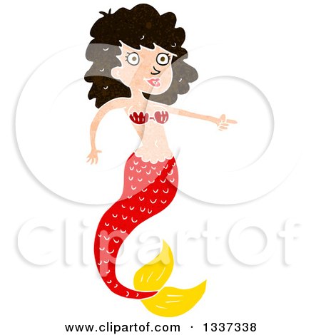 Clipart of a Textured Red Brunette White Mermaid Pointing 2 - Royalty Free Vector Illustration by lineartestpilot