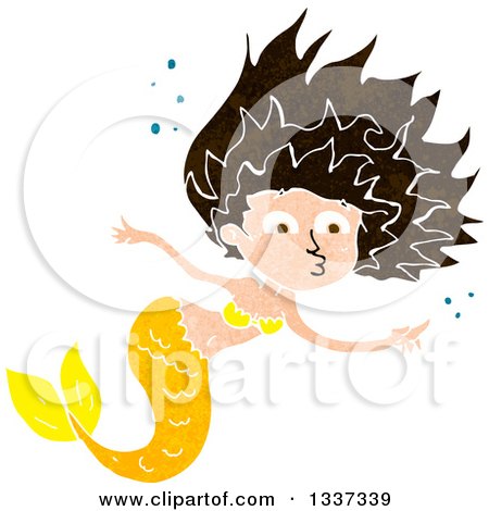 Clipart of a Textured Yellow Brunette White Mermaid Swimming and Pointing 2 - Royalty Free Vector Illustration by lineartestpilot