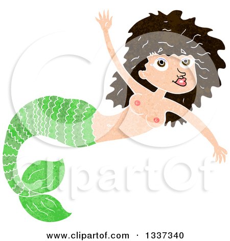 Clipart of a Textured Topless Green Brunette White Mermaid Swimming 2 - Royalty Free Vector Illustration by lineartestpilot