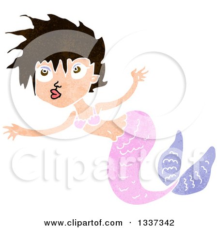 Clipart of a Textured Pink Brunette White Mermaid Swimming 2 - Royalty Free Vector Illustration by lineartestpilot