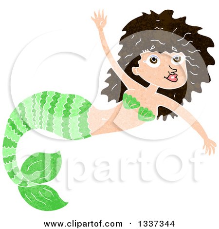 Clipart of a Textured Green Brunette White Mermaid Swimming 2 - Royalty Free Vector Illustration by lineartestpilot
