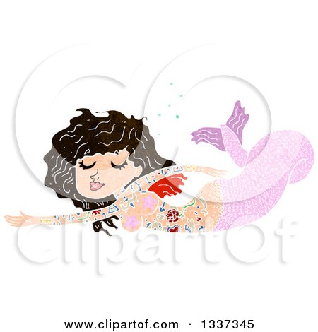Clipart of a Textured Tattooed Pink Brunette White Mermaid Swimming 2 - Royalty Free Vector Illustration by lineartestpilot