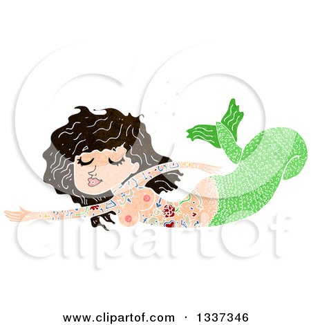 Clipart of a Textured Green Topless Tattooed Brunette White Mermaid Swimming 2 - Royalty Free Vector Illustration by lineartestpilot