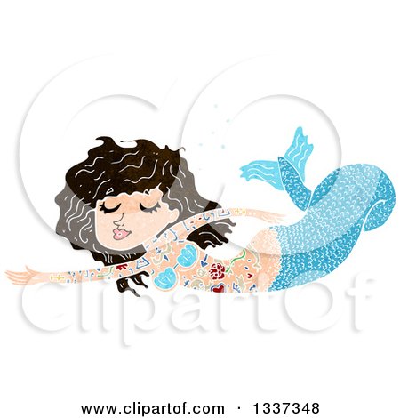 Clipart of a Textured Blue Tattooed Brunette White Mermaid Swimming 2 - Royalty Free Vector Illustration by lineartestpilot