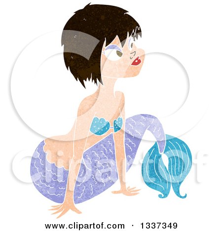 Clipart of a Textured Purple and Blue Brunette White Mermaid Pushing Herself up with Her Arms 2 - Royalty Free Vector Illustration by lineartestpilot