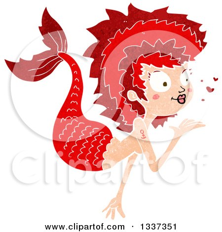 Clipart of a Textured Red White Mermaid Blowing a Kiss - Royalty Free Vector Illustration by lineartestpilot