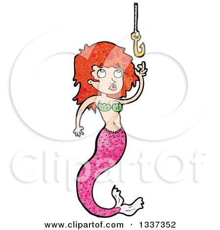 Clipart of a Textured Red Haired White Mermaid Reaching for a Hook 5 - Royalty Free Vector Illustration by lineartestpilot