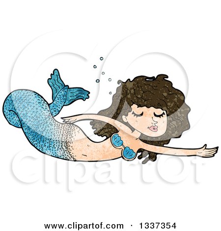 Clipart of a Textured Blue Brunette White Mermaid Swimming - Royalty Free Vector Illustration by lineartestpilot