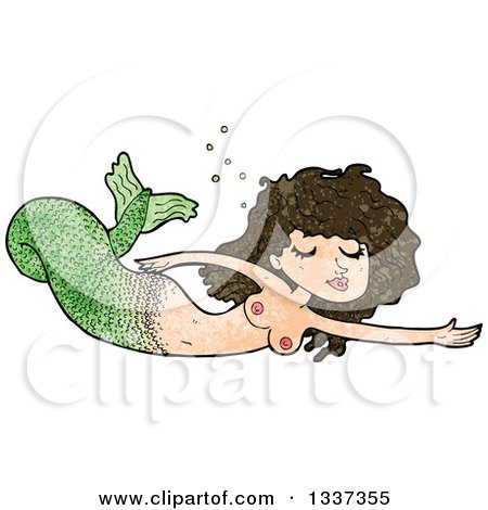 Clipart of a Textured Topless Green Brunette White Mermaid Swimming - Royalty Free Vector Illustration by lineartestpilot