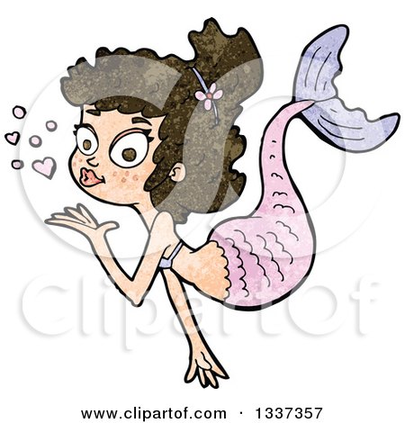 Clipart of a Textured Brunette White Mermaid Blowing a Kiss 3 - Royalty Free Vector Illustration by lineartestpilot