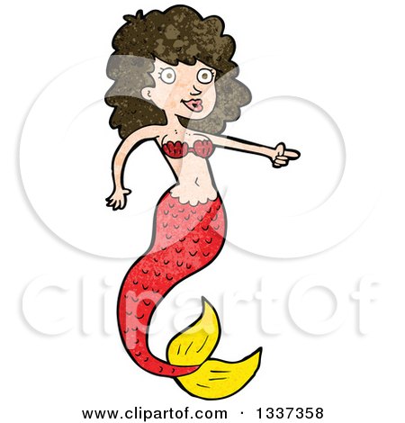 Clipart of a Textured Red Brunette White Mermaid Pointing - Royalty Free Vector Illustration by lineartestpilot