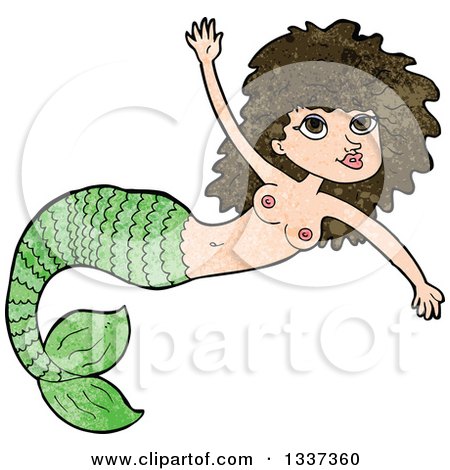 Clipart of a Textured Topless Green Brunette White Mermaid Swimming 3 - Royalty Free Vector Illustration by lineartestpilot