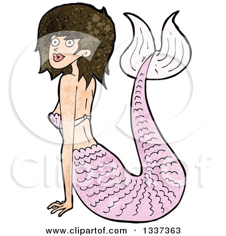 Clipart of a Textured Pink Brunette White Mermaid Pushing Herself up with Her Arms - Royalty Free Vector Illustration by lineartestpilot