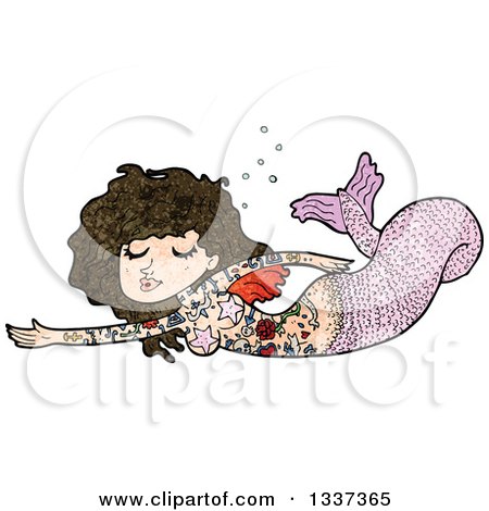 Clipart of a Textured Tattooed Pink Brunette White Mermaid Swimming - Royalty Free Vector Illustration by lineartestpilot