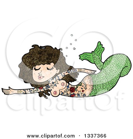 Clipart of a Textured Green Topless Tattooed Brunette White Mermaid Swimming - Royalty Free Vector Illustration by lineartestpilot