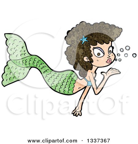 Clipart of a Textured Brunette White Mermaid Blowing a Kiss 4 - Royalty Free Vector Illustration by lineartestpilot