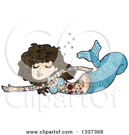 Clipart of a Textured Blue Tattooed Brunette White Mermaid Swimming - Royalty Free Vector Illustration by lineartestpilot