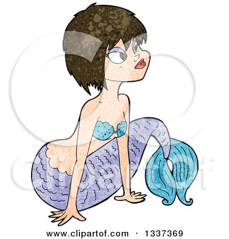 Clipart of a Textured Purple and Blue Brunette White Mermaid Pushing Herself up with Her Arms - Royalty Free Vector Illustration by lineartestpilot