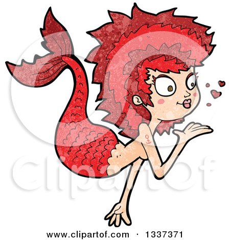 Clipart of a Textured Red White Mermaid Blowing a Kiss 2 - Royalty Free Vector Illustration by lineartestpilot