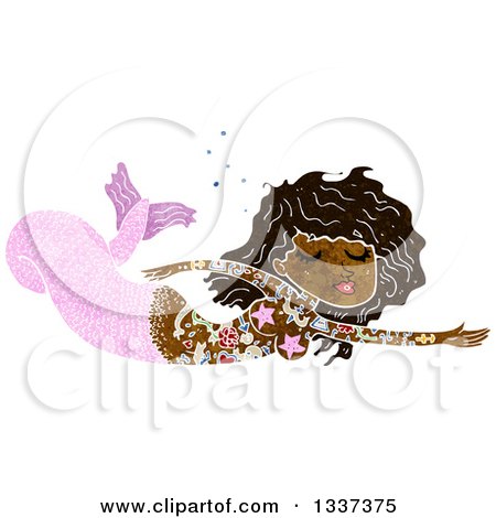 Clipart of a Textured Black Topless Tattooed Mermaid Swimming - Royalty Free Vector Illustration by lineartestpilot
