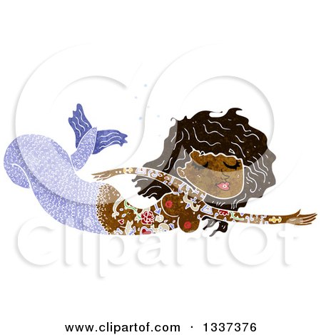 Clipart of a Textured Black Topless Tattooed Mermaid Swimming - Royalty Free Vector Illustration by lineartestpilot