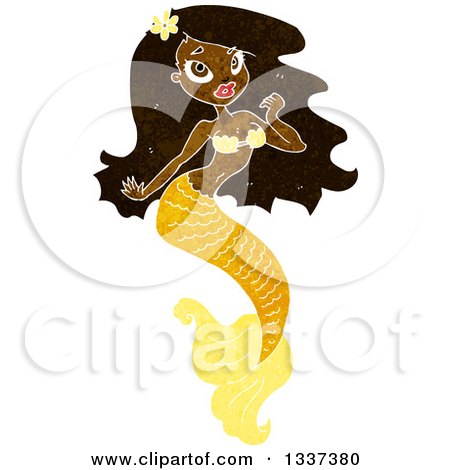 Clipart of a Textured Beautiful Black Mermaid with Long Hair and Yellow Tail - Royalty Free Vector Illustration by lineartestpilot