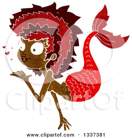 Clipart of a Textured Black Mermaid Blowing a Kiss 3 - Royalty Free Vector Illustration by lineartestpilot
