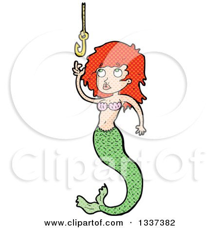 Clipart of a Textured Red Haired White Mermaid Reaching for a Hook 2 - Royalty Free Vector Illustration by lineartestpilot