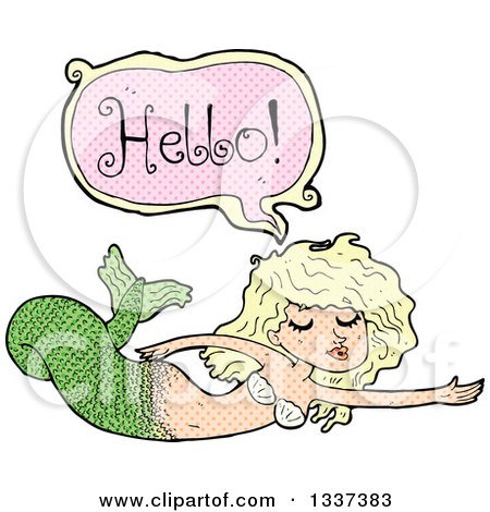 Clipart of a Textured Comic Blond White Mermaid Siren Swimming and Saying Hello - Royalty Free Vector Illustration by lineartestpilot