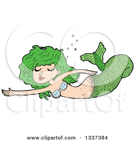 Clipart of a Textured Comic Green White Mermaid Swimming - Royalty Free Vector Illustration by lineartestpilot