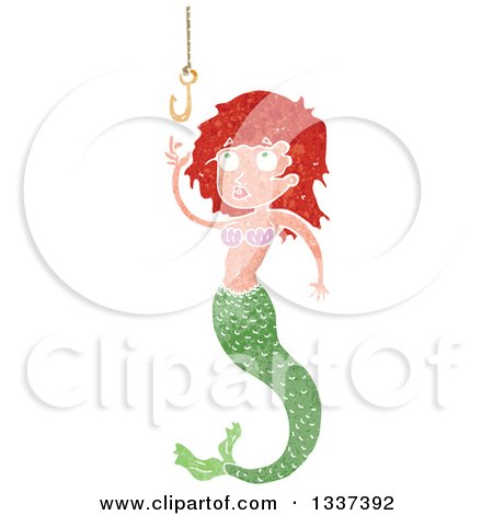 Clipart of a Textured Red Haired White Mermaid Reaching for a Hook 4 - Royalty Free Vector Illustration by lineartestpilot