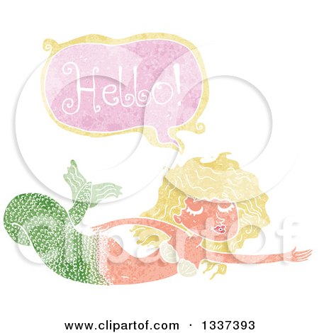 Clipart of a Textured Blond White Mermaid Siren Swimming and Saying Hello - Royalty Free Vector Illustration by lineartestpilot