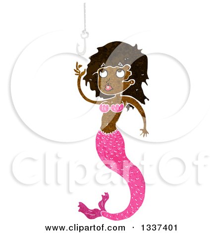 Clipart of a Textured Black Mermaid Reaching for a Hook - Royalty Free Vector Illustration by lineartestpilot