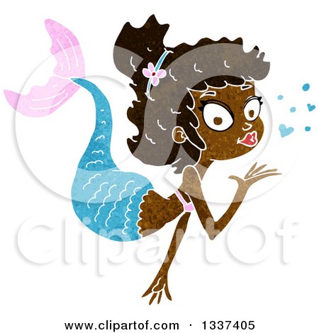 Clipart of a Textured Black Mermaid Blowing a Kiss - Royalty Free Vector Illustration by lineartestpilot