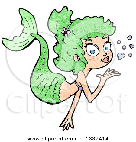 Clipart of a Textured Green White Mermaid Blowing a Kiss - Royalty Free Vector Illustration by lineartestpilot