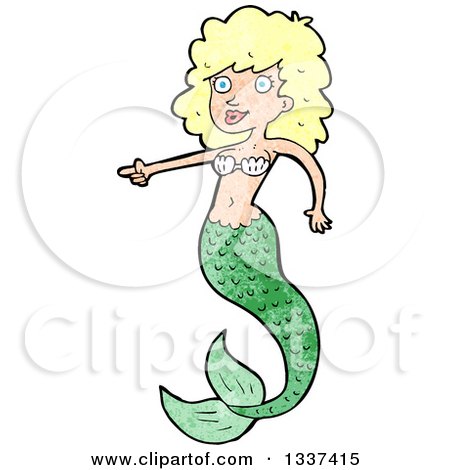 Clipart of a Textured Blond White Mermaid Pointing - Royalty Free Vector Illustration by lineartestpilot