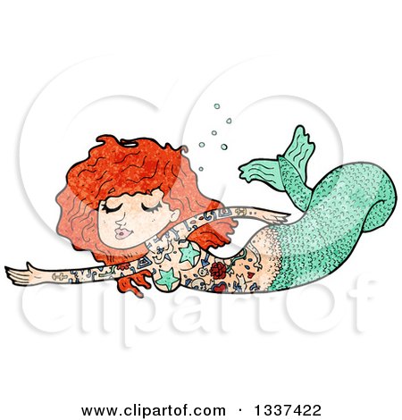Clipart of a Textured Tattooed Red Haired White Mermaid Swimming - Royalty Free Vector Illustration by lineartestpilot