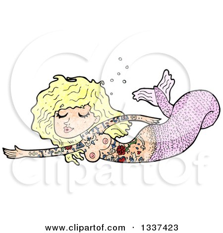 Clipart of a Textured Tattooed Topless Pink Blond White Mermaid Swimming - Royalty Free Vector Illustration by lineartestpilot