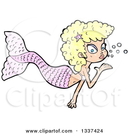 Clipart of a Textured Blond White Mermaid Blowing a Kiss - Royalty Free Vector Illustration by lineartestpilot