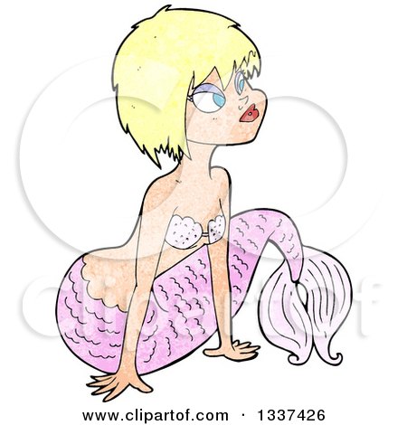 Clipart of a Textured Pink Blond White Mermaid Pushing Herself up with Her Arms - Royalty Free Vector Illustration by lineartestpilot