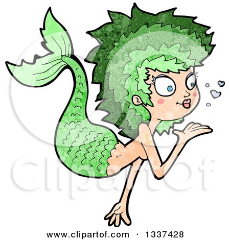 Clipart of a Textured Green White Mermaid Blowing a Kiss 2 - Royalty Free Vector Illustration by lineartestpilot