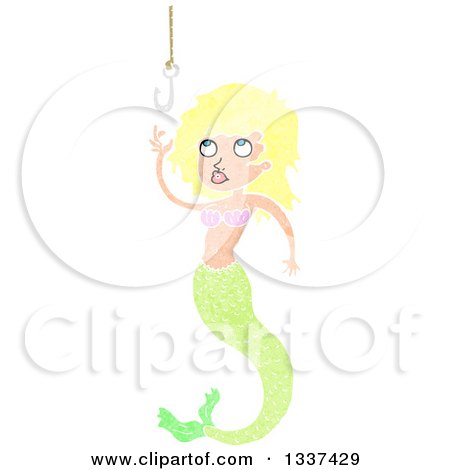 Clipart of a Textured Blond White Mermaid Reaching for a Hook - Royalty Free Vector Illustration by lineartestpilot