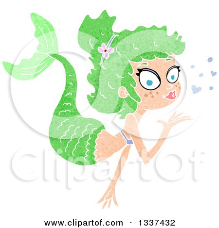 Clipart of a Textured Green White Mermaid Blowing a Kiss 4 - Royalty Free Vector Illustration by lineartestpilot