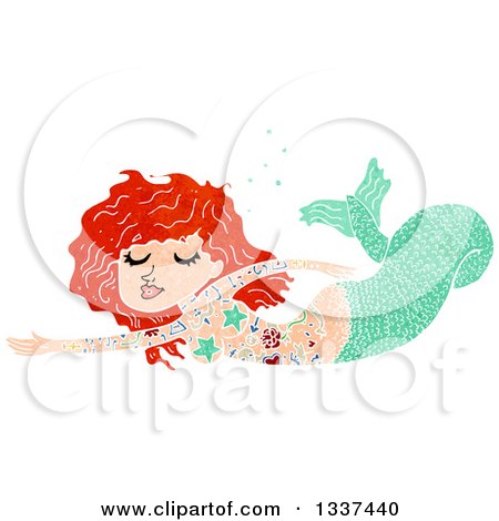 Clipart of a Textured Tattooed Red Haired White Mermaid Swimming 2 - Royalty Free Vector Illustration by lineartestpilot