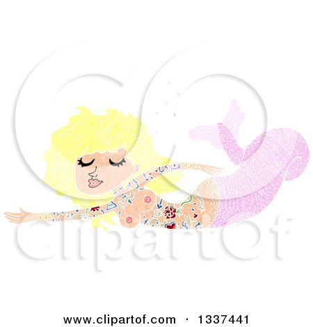 Clipart of a Textured Tattooed Topless Pink Blond White Mermaid Swimming 2 - Royalty Free Vector Illustration by lineartestpilot
