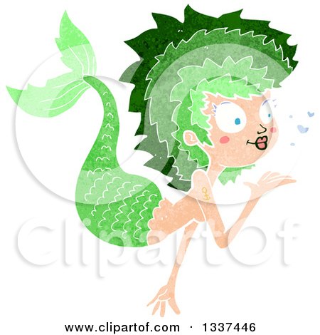 Clipart of a Textured Green White Mermaid Blowing a Kiss 3 - Royalty Free Vector Illustration by lineartestpilot