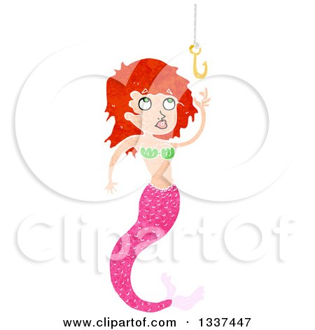 Clipart of a Textured Red Haired White Mermaid Reaching for a Hook - Royalty Free Vector Illustration by lineartestpilot
